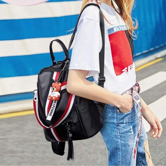 Faux Leather Black Convertible Backpack Bear Charm Work Travel Bag Overnight - Picture 2 of 11